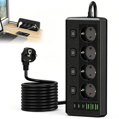 Produktbild von Steckdosenleiste 4-fach, 3 USB-C + 3 USB-A, Überspannungsschutz, 2500W – Schwarz
