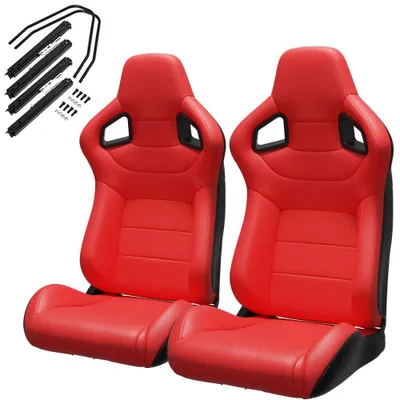 Produktbild von AIORBER Universal Rennsitze 2er Set aus PVC-Kunstleder, verstellbar 90-180°, mit Slider und Carbon-Optik Rücken, ohne Sitzkonsole, Rot