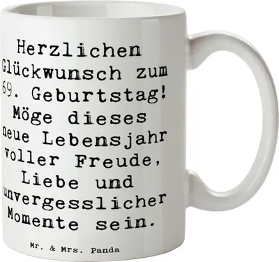 Produktbild von Mr. & Mrs. Panda Becher Spruch 69. Geburtstag Glückwunsch - Weiß - Geschenk, Freude, Herzlichen, Abenteuer, Kaffeebecher, Alles gut zum, Kaffeetasse, Pott, Kaffeepott