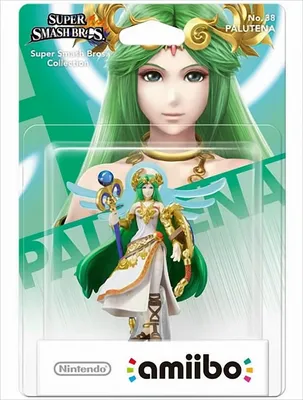 A Nintendo amiibo figure of Palutena from Super Smash Bros. in its retail packaging.