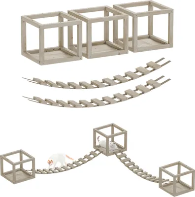 Image de QLS Mur d'escalade pour chats Set avec 2 ponts et 3 couchettes en bois Montage au plafond 11018