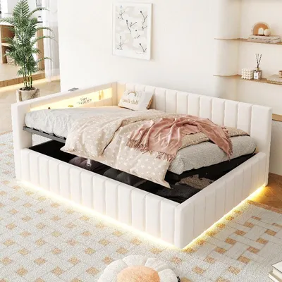 Immagine prodotto di Letto imbottito 140x200 cm con spazio contenitore a sollevamento idraulico, illuminazione LED e porta USB, rivestito in velluto color beige, con testiera e schienale