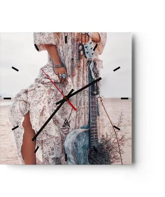 Produktbild von Wanduhr - Quadrat - Glasuhr - Frau Kleid Gitarre - 40x40cm - Schleichendes Uhrwerk - Lautlos - zum Aufhängen bereit - Dekoration Modern - Wanddekoration aus Glas - C3AC40x40-4685
