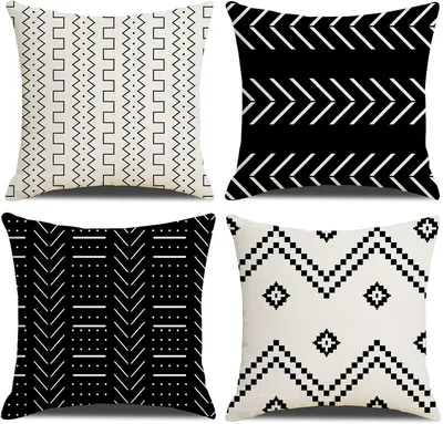 Productafbeelding van Kussenslopen 50 x 50 cm, boerderij, kussenslopen, set van 4, zwart, getextureerd, patchwork, vierkante kussensloop voor bank, bank, stoel, slaapkamer