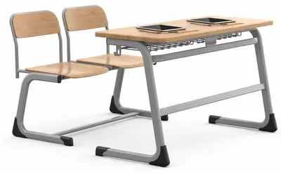 Productafbeelding van Schoolbank met een praktische dubbele zitplaats en opbergruimte, uitgevoerd in een elegant houten design