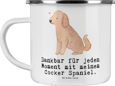 Produktbild von Mr. & Mrs. Panda Emaille Becher Cocker Spaniel Moment - Weiß - Geschenk, Englische Cockerspaniel, Haferl, Tasse, Kaffeepott, Pott, Teetasse