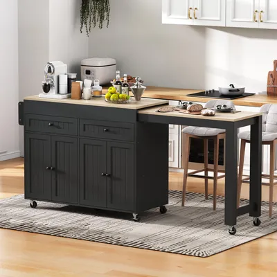 A kitchen island with an extendable countertop and stools in a kitchen setting.