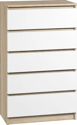 A front view of a white and wood-grain chest of drawers.