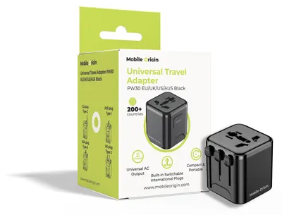 Immagine prodotto di Adattatore da viaggio universale Mobile Origin Pw30 UE/Regno Unito/USA/Australia - Nero