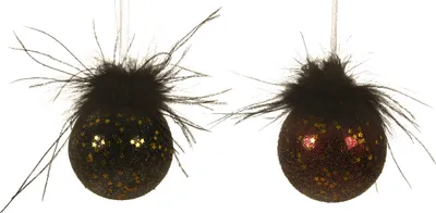 Produktbild von Weihnachtskugeln Glas 8cm mit Federn / Sterne 12er Set rot / schwarz