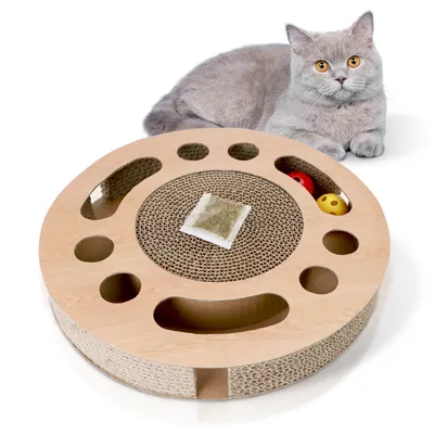 Produktbild von Nobleza Katzen kratzbrett mit Minze，Katzenspielzeug Interaktives mit 2 Klingelballs，3 in 1 Wellpappe Kratzmatte Katze