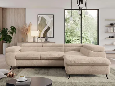 Produktbild von Couch mit Schlaffunktion, L-form Ecksofa, Wohnzimmersofa, mit Einstellbare Kopfstützen - PEDRO L - Plüsch - Ivory - Rechts