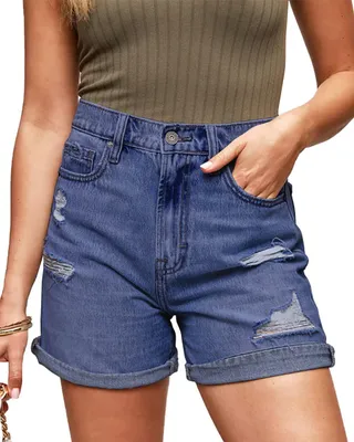 Productafbeelding van Dames denim short met gescheurde details, halfhoge taille, wijde pijpen en zakken