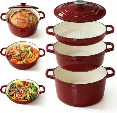 Image de Poêle en fonte émaillée - Cocotte - Mijoteuse - Cuisson lente - Multifonction 3-en-1 - 25 cm, 4,5 litres - Rouge