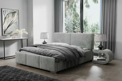 Produktbild von AGMAT Polsterbett FIGO mit Kopfteil, 160 x 200 cm, Doppelbett mit Bettkasten und Lattenrost aus Metall, Velourstoff: Hellgrau
