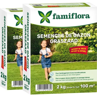 Produktbild von Famiflora Grassamen Spiel & Sport 2 x 2kg (bis zu 200 m²) - Geeignet für eine Rasenfläche von bis zu 100 m² - Kräftiger Rasen, der Spiel und Sport übersteht - Dichte Grasnarbe verhindert Unkraut