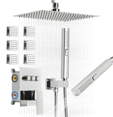 Image de Ensemble de douchette 10 pouces avec pommeau de douche pluie, 6 jets pour le corps, douchette à main 2-en-1, en acier inoxydable et laiton