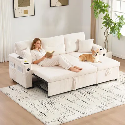 Produktbild von 3-Sitzer Sofa mit Schlaffunktion Cord Couch mit Bettkasten Wohnlandschaft für 3 Personen USB Getränkehalter L-Form Sofagarnitur Dunkelgrau