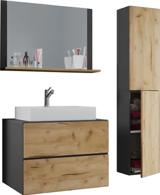 Immagine prodotto di 4 parti lavabo lavabo | gabinetto lavabo larghezza 80 cm | set mobili bagno con cassetti porta girevole specchio | Lendas L