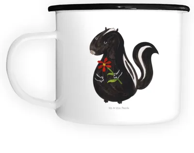 Produktbild von Mr. & Mrs. Panda Emaille Tasse Stinktier Blume - Weiß - Geschenk, Skunk, Teetasse, Wildtier, Träume, Pott, Teebecher, Raubtier, Haferl, Dreams, Große
