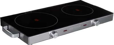 A two-burner electric cooktop with a black glass surface and silver base.