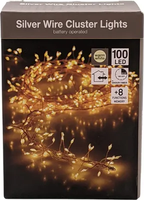 Produktbild von LED Silberdraht Cluster Batterielichterkette 100 LEDs 1m+50cm Zul. IP44 warmweiß