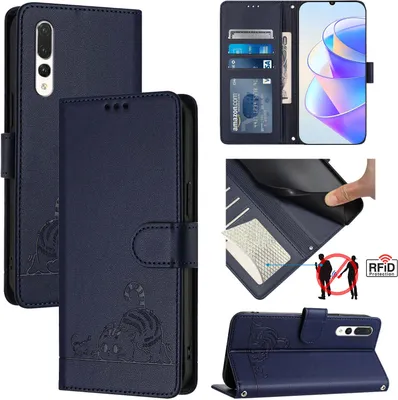 Produktbild von Leder Hülle für Huawei P20 Pro Süße Katze Flip Case Brieftasche Schutzhülle mit Standfunktion Blau