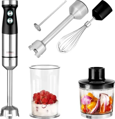 A set of kitchen appliances including an immersion blender, whisk attachment, chopper attachment, and blending cup.