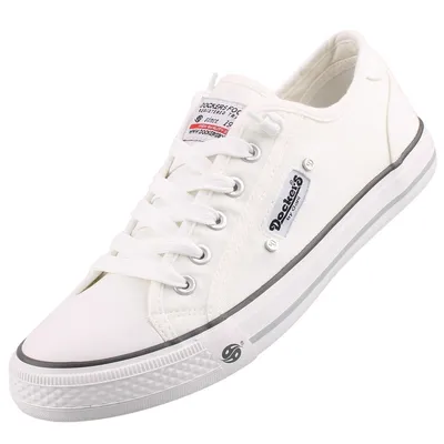 A white canvas sneaker with laces.