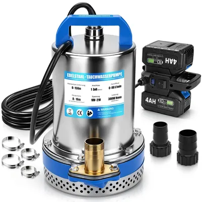 Produktbild von Akku Tauchpumpe mit 2×4Ah Doppel-Akku-Konstruktion 16m Förderhöhe 500W Klarwasserpumpe 80 L/min 4M Kabellänge Edelstahl Schmutzwasserpumpe Wasserpumpe