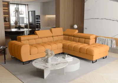 Productafbeelding van Eckbank met slaapfunctie, model BASTIEN MAX, bekleed met stof Moly in mosterdgeel, met een hocker aan de rechterkant