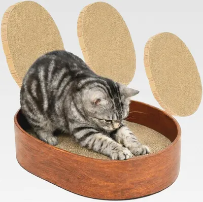Produktbild von Kratzbrett Katze rund aus robuster Kratzpappe – Ovales Katzenkratzbett mit 3 austauschbaren, doppelseitigen Pappen für Krallenpflege & Krallenschleifen – Lounge für Hauskatzen – Tattimo