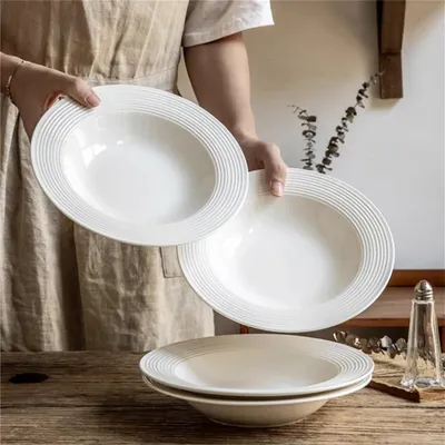 Produktbild von 4er-Set Keramik-Suppenteller mit breitem Rand, flache weiße Pasta- und Suppenschüsseln, 21,6 cm