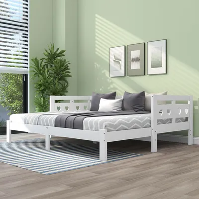 Produktbild von Tagesbett 90x200 cm ausziehbar bis 180x200 cm Kiefer Massivholz & MDF Kinderbett Couchbett mit Rollrost Herzform Weiß - 2 Pakete