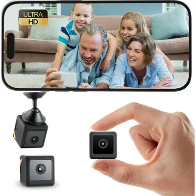 A collage showing a family taking a selfie on a phone, and three mini surveillance cameras.
