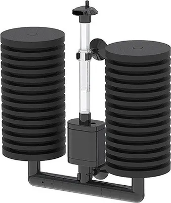 A black aquarium filter with two sponge columns and a central tube.