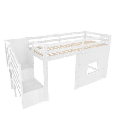 Produktbild von okwish Hochbett 90x200 Jugendbett mit Kiefernholzrahmen,mit integrierte LED-Beleuchtung und Geländer,mit Stauraumtreppe und Fenster,Ohne Matratze,Weiß