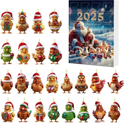 Produktbild von 2025 Weihnachts-Adventskalender, Hühner-Ornamente, 24-Tage-Countdown-Kalender, Weihnachtsbaum-Dekoration, 2D-Acryl, Sammlerstück, Cartoon-Hühner-Set für Kinder, Weihnachtsgeschenke