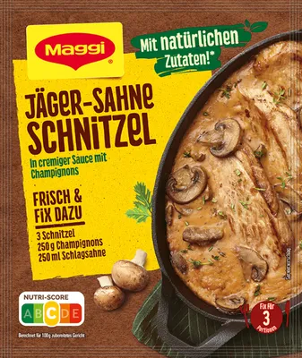 A package of Maggi Fix for Jäger Sahne Schnitzel with a picture of the prepared dish.
