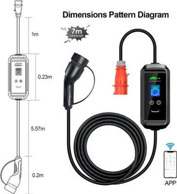 Image de Chargeur portable pour véhicule électrique, 11 kW - Prise Type 2 - Câble de 7 mètres - Avec contrôle via application