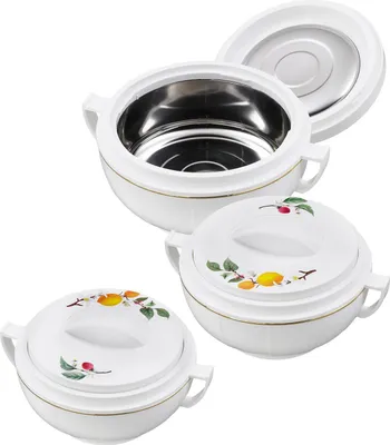 A set of three white insulated food containers with a citrus fruit motif on the lids, arranged on a white background.