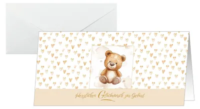 Geburtskarten Teddy, DIN lang, 10 Stück mit Umschlägen, braun