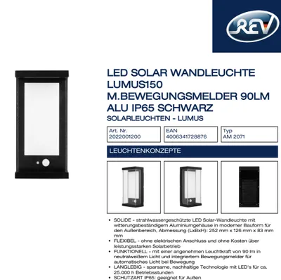 Produktbild von LED Solar Wandleuchte Lumus150 m.Bewegungsmelder 90lm Alu IP65 schwarz, (KE08)