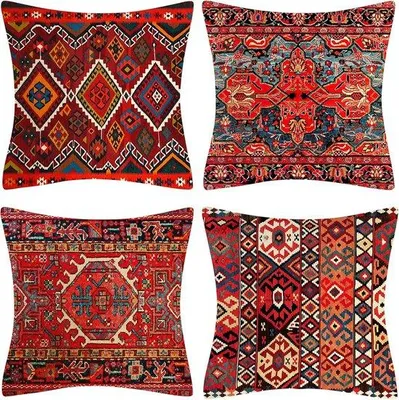 Productafbeelding van Decoratieve Kussenhoezen Set van 4 - 45x45cm Rode Tribale Kussenhoes Kleurvolle Print Bohemian Voor Sofa Woonkamer Slaapkamer