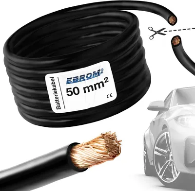 Produktbild von EBROM - FLY Fahrzeugleitung - KFZ Leitung – Batteriekabel SCHWARZ – Querschnitt 50 mm2 - Meterware – flexibel 90 ± 5 Shore - 99,9 % OFC Kupfer (VOLLKUPFER) Mantel Spezial PVC FLY FLRy