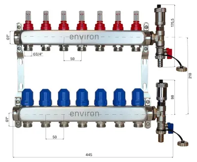 Imagen del producto de Colector para circuito de calefacción, 7 circuitos, 376 mm, de acero inoxidable, sin juego de válvulas