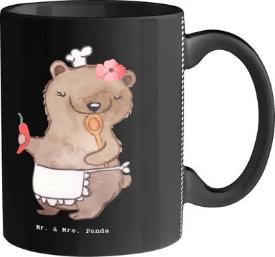 Produktbild von Mr. & Mrs. Panda Teetasse Köchin Herz - Schwarz - Geschenk, schöne tasse, Lecker, Fernsehköchin, Restaurant, Keramiktasse, Kaffeebecher, Feinschmecker, Chefköchin