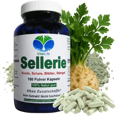 Produktbild von SELLERIE 180 Kapseln Wurzel Schale Blätter Stängel BLUT Magen LEBER Darm NIEREN Blase VERDAUUNG nach Hildegard von Bingen. 100% NATUR pur.