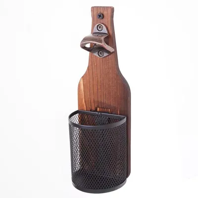 Produktbild von Wandflaschenöffner mit Auffangbehälter, aus Holz, zur Wandmontage, 2-in-1 Design zum Öffnen von Flaschen & automatischem Sammeln der Kronkorken