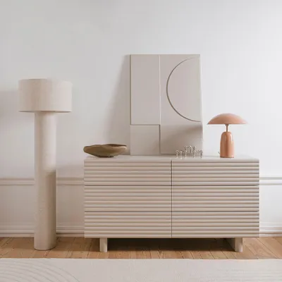 Produktbild von Kommode TURKU mit 6 Schubladen, Kaschmir – moderner Schubladenschrank mit Push-to-open Funktion, Fronten in Rillenoptik, stabile Ausführung auf Standfüßen, viel Stauraum für Kleidung und Accessoires